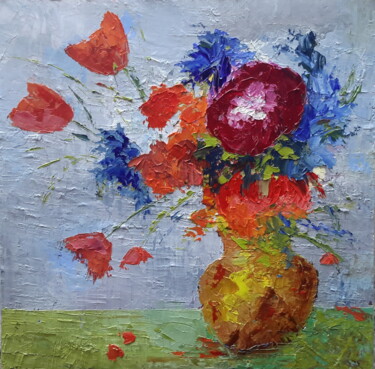 Painting titled "anemone et tulipes" by Jean-Pierre Duquaire, Original Artwork, Oil Mounted on artwork_cat.