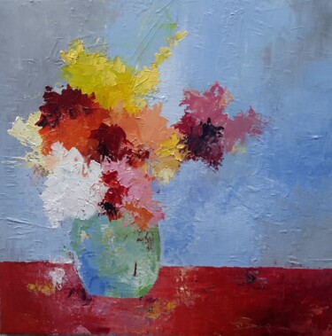 Painting titled "fleurs sur le tapis…" by Jean-Pierre Duquaire, Original Artwork, Oil Mounted on Wood Stretcher frame