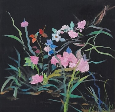 Painting titled "Roseaux et fleurs r…" by Jean-Pierre Duquaire, Original Artwork, Oil