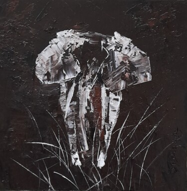 Painting titled "L'éléphant Africain" by Jean-Pierre Duquaire, Original Artwork, Oil Mounted on Wood Stretcher frame