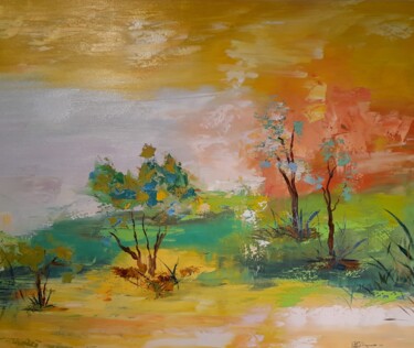 Painting titled "Couché de soleil su…" by Jean-Pierre Duquaire, Original Artwork, Oil Mounted on Wood Stretcher frame