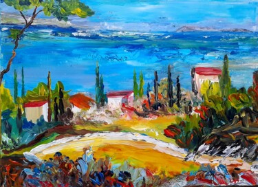 Painting titled "Les Cyprès au bord…" by Jean-Pierre Duquaire, Original Artwork, Acrylic Mounted on Wood Stretcher frame