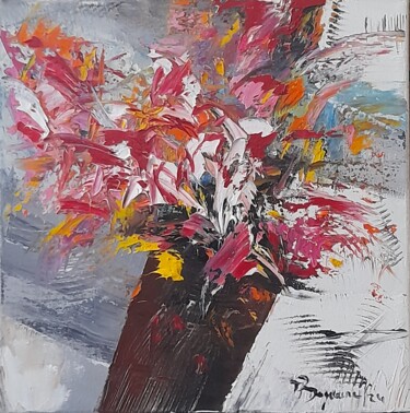 Painting titled "Bouquet artificiel…" by Jean-Pierre Duquaire, Original Artwork, Oil Mounted on Wood Stretcher frame