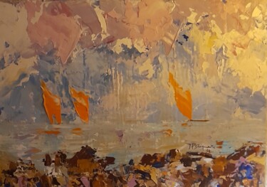 Painting titled "Trois voiles orange…" by Jean-Pierre Duquaire, Original Artwork, Oil Mounted on Wood Stretcher frame