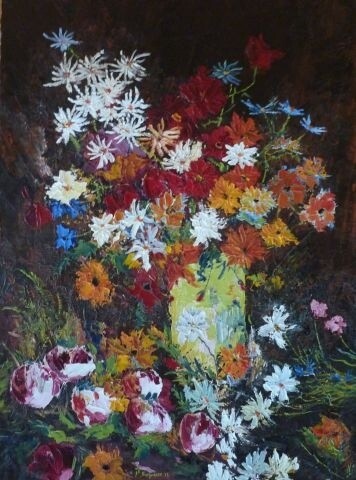 Painting titled "Fleurs au vase vert." by Jean-Pierre Duquaire, Original Artwork, Oil