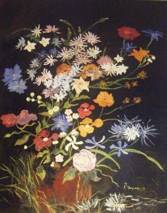 Peinture intitulée "fleurs sur fond brun" par Jean-Pierre Duquaire, Œuvre d'art originale, Huile