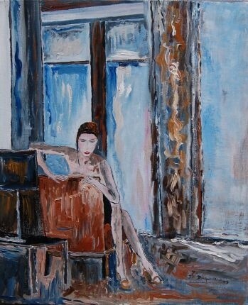Peinture intitulée "Femme assise au sal…" par Jean-Pierre Duquaire, Œuvre d'art originale