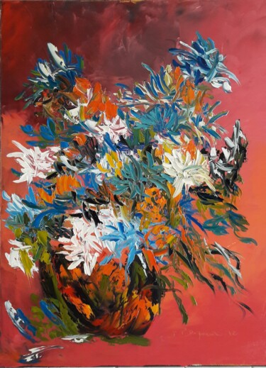Painting titled "Fleurs Bleues" by Jean-Pierre Duquaire, Original Artwork, Oil Mounted on Wood Stretcher frame