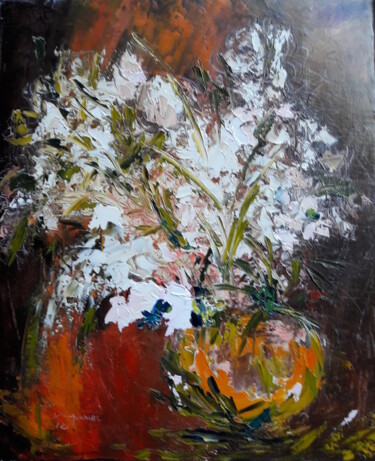 Painting titled "Bouquet blanc" by Jean-Pierre Duquaire, Original Artwork, Oil Mounted on Wood Stretcher frame