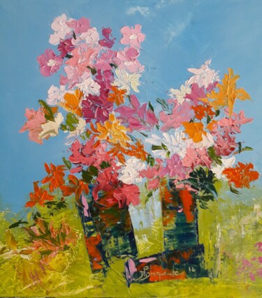 Painting titled "Fleurs roses" by Jean-Pierre Duquaire, Original Artwork, Oil Mounted on Wood Stretcher frame