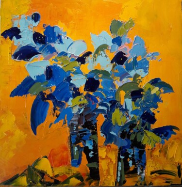 Painting titled "bouquet-bleu" by Jean-Pierre Duquaire, Original Artwork, Oil Mounted on Wood Stretcher frame