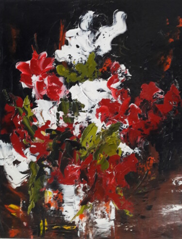 Painting titled "vases blancs" by Jean-Pierre Duquaire, Original Artwork, Oil Mounted on Wood Stretcher frame