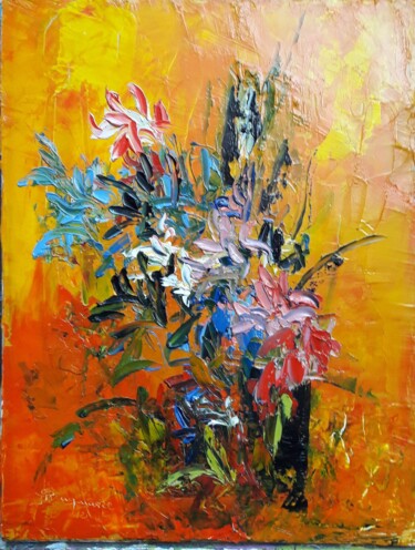 Peinture intitulée "bouquet-sur-fond-or…" par Jean-Pierre Duquaire, Œuvre d'art originale