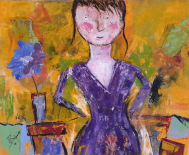 Painting titled "La petite fille esp…" by Jean-Pierre Duquaire, Original Artwork, Acrylic Mounted on Wood Stretcher frame