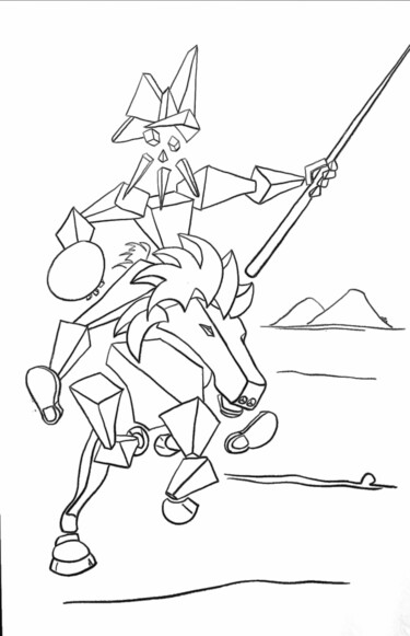 Zeichnungen mit dem Titel "Don Quichotte" von Jean-Pierre Emond, Original-Kunstwerk, Kohle Auf Andere starre Platte montiert