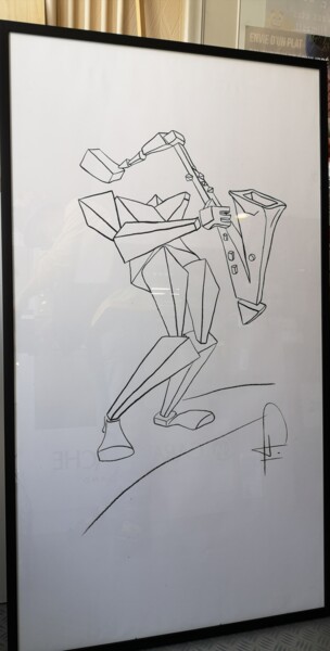 Drawing titled "Saxophoniste" by Jean-Pierre Emond, Original Artwork, Charcoal