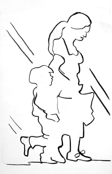 Zeichnungen mit dem Titel "Shopping" von Jean-Pierre Emond, Original-Kunstwerk, Kohle