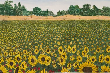 Painting titled "Tournesols 01500" by Jean Pierre Fetis, Original Artwork, Acrylic Mounted on Wood Stretcher frame
