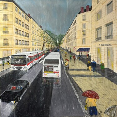 Pintura intitulada "Avenue sous la pluie" por Jean Pierre Fetis, Obras de arte originais, Acrílico
