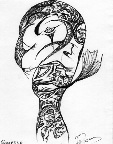 Drawing titled "-Qui de poule ou du…" by Jean-Pierre Fouque, Original Artwork, Ballpoint pen