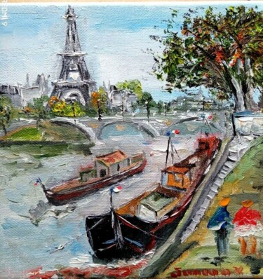 Painting titled "PARIS QUAI DE SEINE…" by Jean Pierre Jumeaux, Original Artwork, Oil