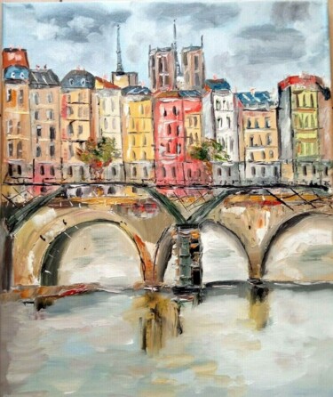 Painting titled "PARIS NOTRE DAME LE…" by Jean Pierre Jumeaux, Original Artwork, Oil Mounted on Wood Stretcher frame