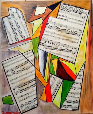 Painting titled "NOTE DE MUSIQUE CUB…" by Jean Pierre Jumeaux, Original Artwork, Oil Mounted on Wood Stretcher frame