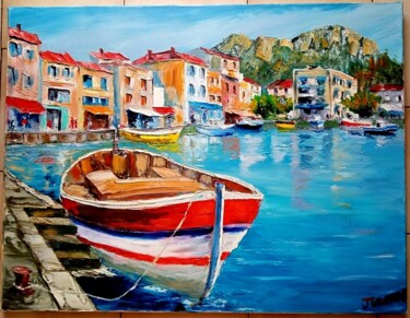 Painting titled "PORT DE CASSIS" by Jean Pierre Jumeaux, Original Artwork, Oil Mounted on Wood Stretcher frame