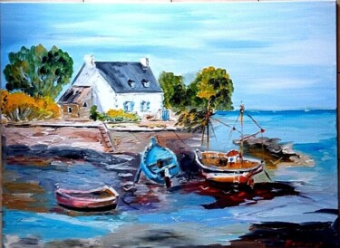Painting titled "PETIT PORT BRETON" by Jean Pierre Jumeaux, Original Artwork, Oil Mounted on Wood Stretcher frame