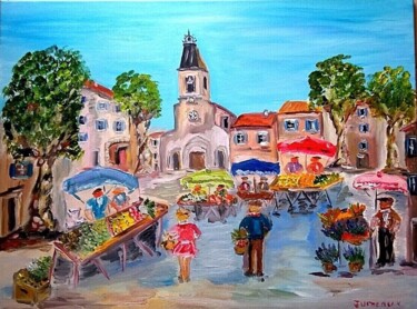 Painting titled "VILLAGE BEAUMES DE…" by Jean Pierre Jumeaux, Original Artwork, Oil Mounted on Wood Stretcher frame