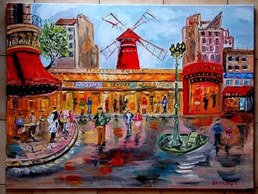 Painting titled "PARIS LE MOULOIN RO…" by Jean Pierre Jumeaux, Original Artwork, Oil Mounted on Wood Stretcher frame