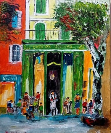 Painting titled "CAFE DE FRANCE ISLE…" by Jean Pierre Jumeaux, Original Artwork, Oil Mounted on Wood Stretcher frame