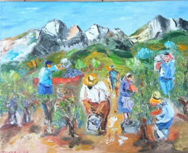 Painting titled "VENDANGES AUX DENTE…" by Jean Pierre Jumeaux, Original Artwork, Oil Mounted on Wood Stretcher frame