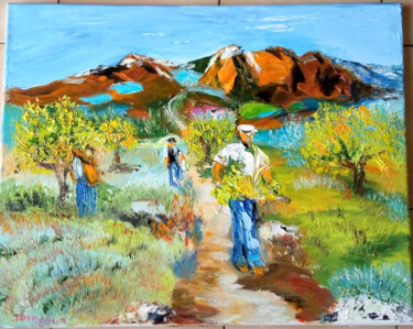 Painting titled "LES MIMOSAS LES DEN…" by Jean Pierre Jumeaux, Original Artwork, Oil Mounted on Wood Stretcher frame