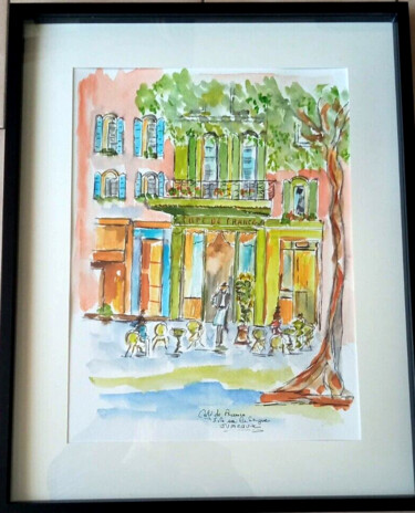 Painting titled "cafe de france isle…" by Jean Pierre Jumeaux, Original Artwork, Watercolor Mounted on Other rigid panel