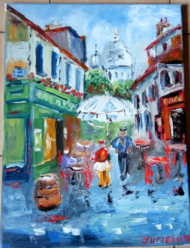 Painting titled "PARIS RUE DE MONTMA…" by Jean Pierre Jumeaux, Original Artwork, Oil Mounted on Wood Stretcher frame