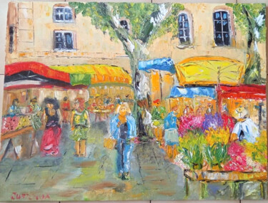 Painting titled "MARCHE DE CARPENTRA…" by Jean Pierre Jumeaux, Original Artwork, Oil Mounted on Wood Stretcher frame