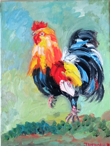 Painting titled "LE COQ" by Jean Pierre Jumeaux, Original Artwork, Oil Mounted on Wood Stretcher frame