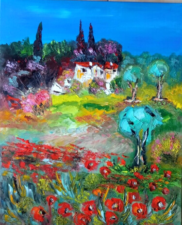 Painting titled "PAYSAGE PROVENCE LE…" by Jean Pierre Jumeaux, Original Artwork, Oil Mounted on Wood Stretcher frame