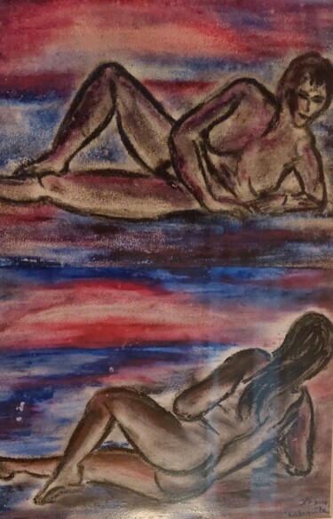Pintura titulada "coucher de soleil s…" por Jean Pierre Labarthe, Obra de arte original, Carbón