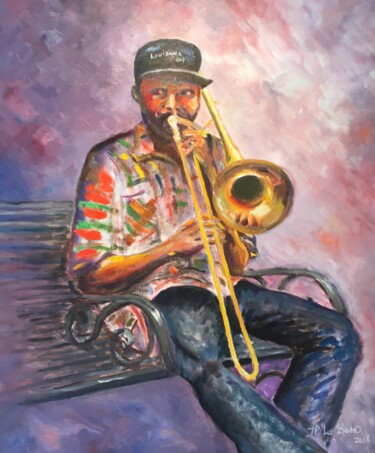 Painting titled "Trombone Steet Jazz…" by Jean-Pierre Lo Bono, Original Artwork, Oil Mounted on Wood Stretcher frame