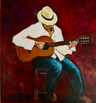 Painting titled "GUITARE JAZZ LATINO" by Jean-Pierre Lo Bono, Original Artwork, Oil Mounted on Wood Stretcher frame