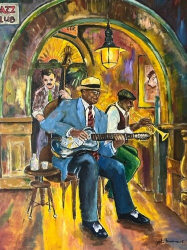 Painting titled "CLUB de JAZZ N.O" by Jean-Pierre Lo Bono, Original Artwork, Oil Mounted on Wood Stretcher frame