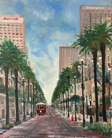 Painting titled "CANAL STREET N.O." by Jean-Pierre Lo Bono, Original Artwork, Oil Mounted on Wood Stretcher frame