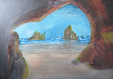 Painting titled "GROTTES ET NAVIRES" by Jean Pierre Maître, Original Artwork, Acrylic Mounted on Wood Stretcher frame