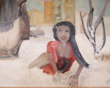 Painting titled "Malou à la neige" by Jean Pierre Maître, Original Artwork, Acrylic Mounted on Wood Stretcher frame