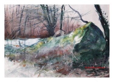 Peinture intitulée "Le rocher en forêt" par Jean-Pierre Missistrano, Œuvre d'art originale, Aquarelle