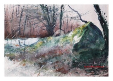 Painting titled "Le rocher en forêt" by Jean-Pierre Missistrano, Original Artwork, Watercolor