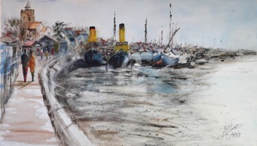 Schilderij getiteld ""Le port Anglais"" door Jean-Pierre Missistrano, Origineel Kunstwerk, Aquarel