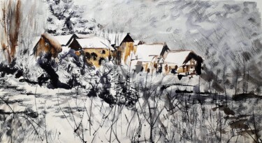 Schilderij getiteld "Le Village de monta…" door Jean-Pierre Missistrano, Origineel Kunstwerk, Aquarel